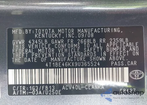 2009 Toyota Camry Le from USA, damaged, VIN 4T1BE46KX9U365524